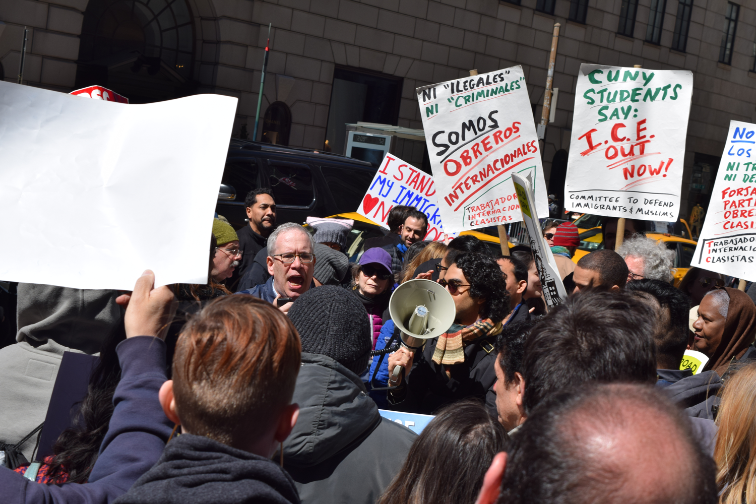 NYC Comptroller Scott Stringer expresses his support with protesters in front of Trump Tower.