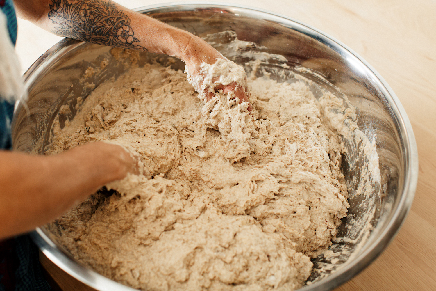 Sarah Owens, a Rockaway baker, mixes her sourdough by hand.