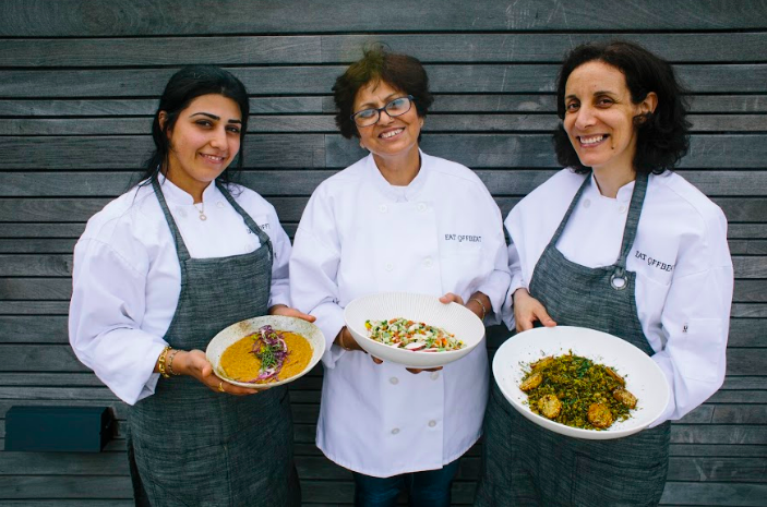 From right to left, Chef Dhuha from Iraq, Chef Rachana from Nepal, and Chef Bahia from Algeria.