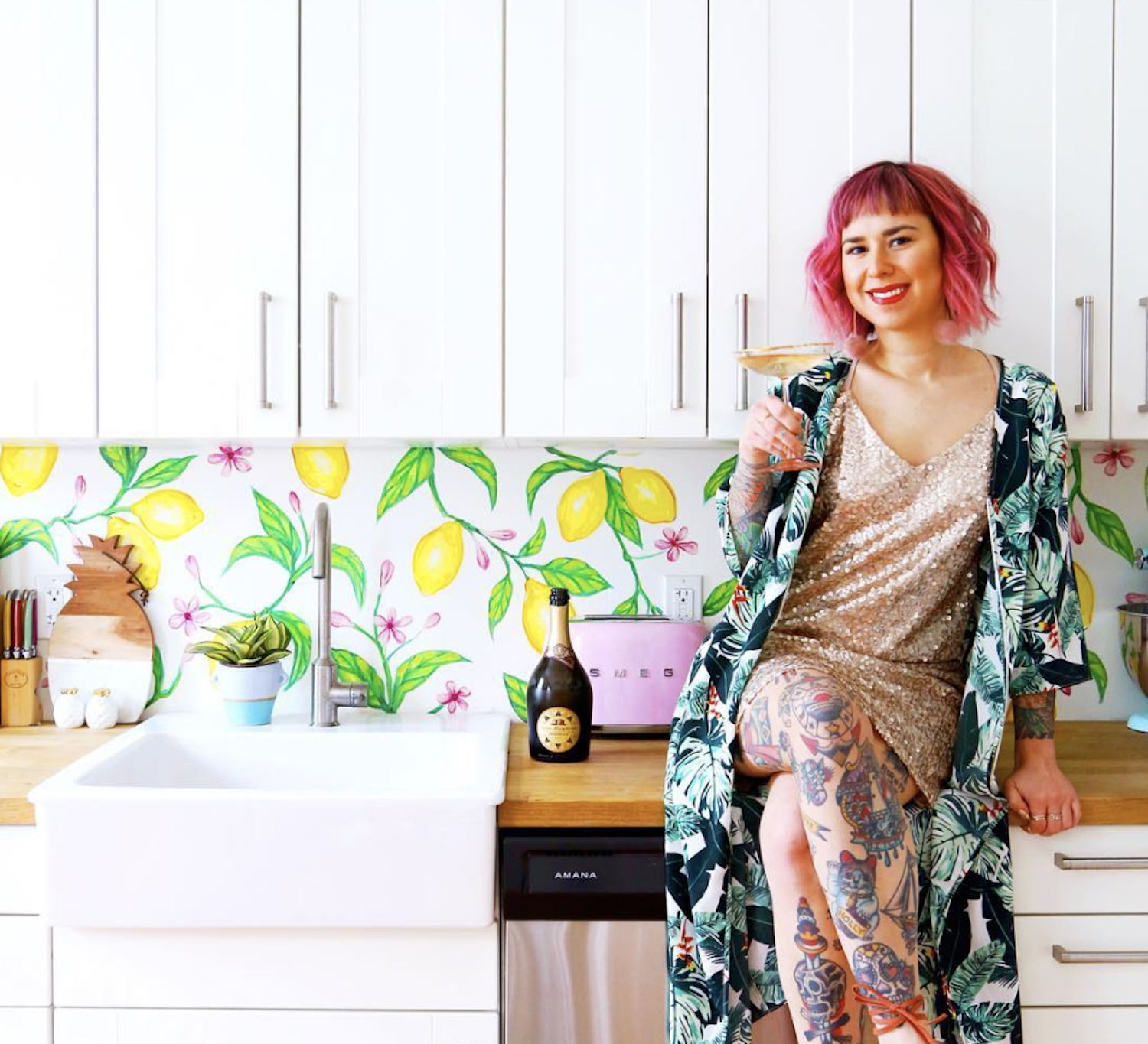 Nathalie Jacob in her Palm Springs– inspired kitchen, where she jiggers, muddles and creates cocktails.