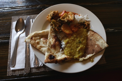 Daal, rice and roti from the lunch buffet at recently shuttered Fresh Pond Spice in Queens, New York.