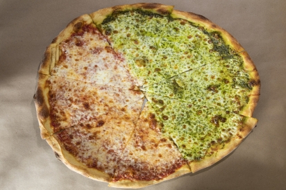 A half pesto, half regular pie at Dani’s House of Pizza in Elmhurst, Queens.