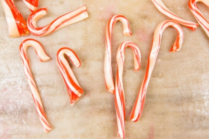 A group of recently-shaped candy canes on the marble at Schmidts in Woodhaven, Queens.