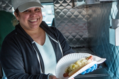 Angela D'Angelo in the Dominick's Hot Dogs van made by 800BuyCart.