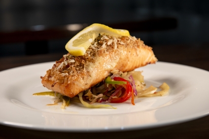 Toasted coconut and almond-crusted salmon in Rosedale, New York.