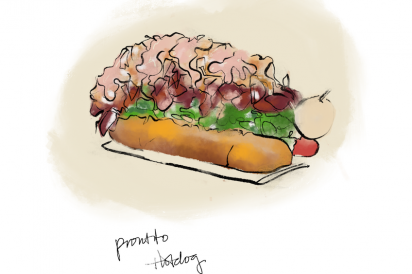 A loaded hot dog from Prontito in Jackson Heights, Queens New York.