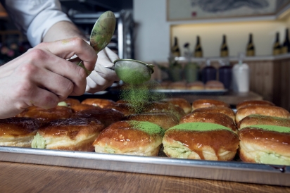 Matcha Creme brulee donut at Black Label Donuts in Bayside, Queens.
