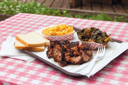 Burnt ends, mac and cheese, and collard greens at the John Brown Smokehouse in Long Island City.