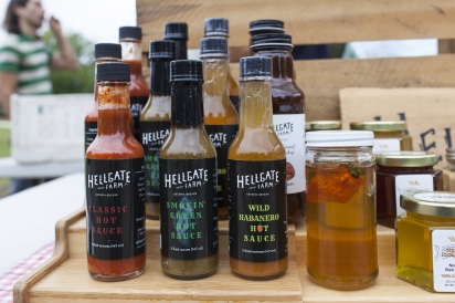 A selection of Hellgate Farm products including a sample bottle of their new hot honey in Queens, New York