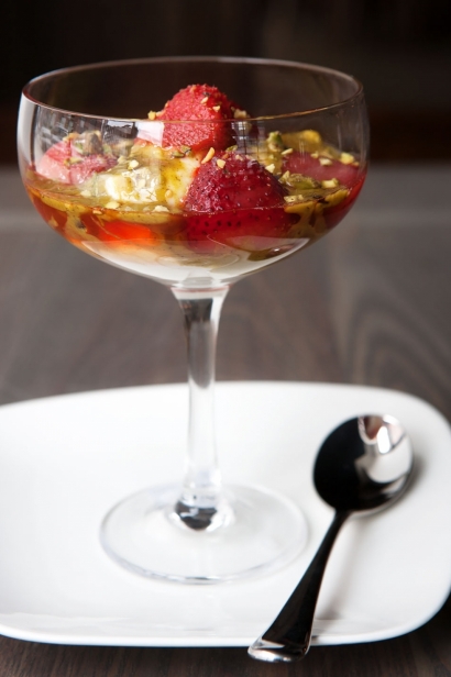 Michael Psilakis's Yogurt Parfait with Pistachio and Strawberries.
