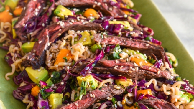 Sinfully Succulent Skirt Steak and Mango Salad from The Ultimate New Mom’s Cookbook by Aurora Satler.
