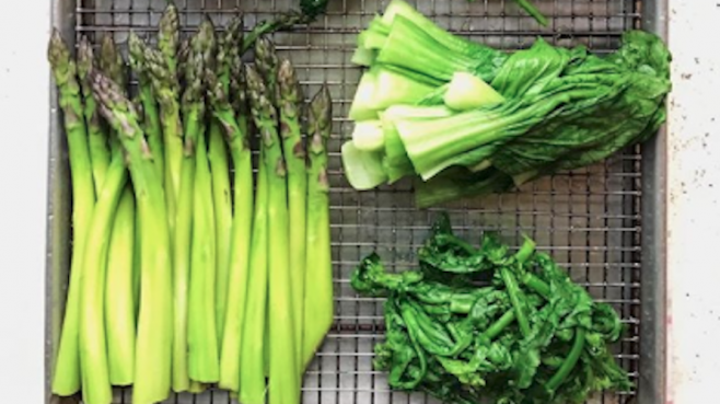 Recipe for asparagus with spring greens.
